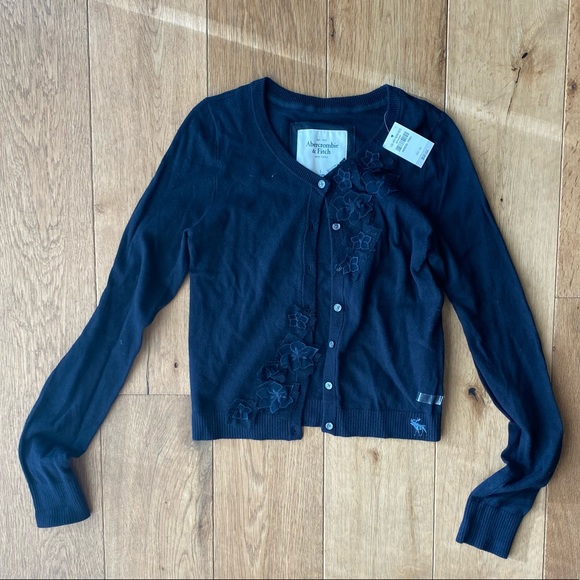 Abercrombie and Fitch navy button down sweater with lace accents - Picture 1 of 4